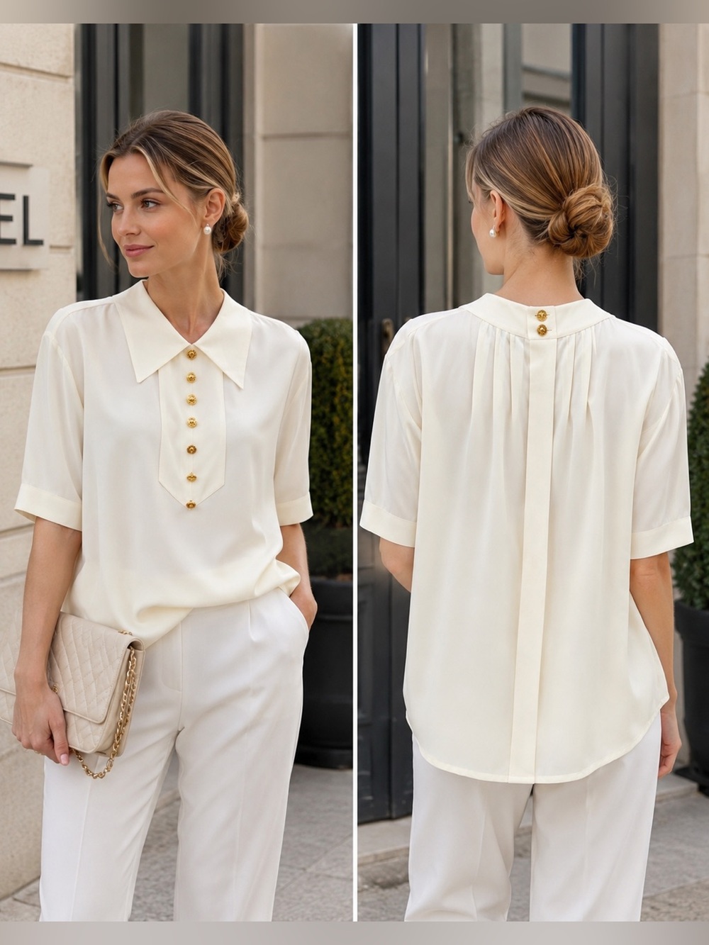 CHANEL Silk Blouse Gold CC Logo Buttons Ivory Size 44 /L Vintage